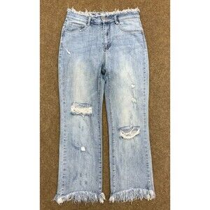 Risen Jeans Womens 5/27 High Rise Frayed Distressed Stretch Straight Crop Denim